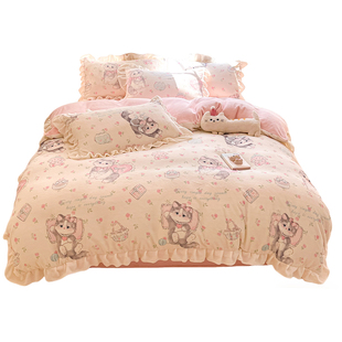 牛奶绒床上四件套加厚珊瑚绒双面加绒被套法兰绒床单三件套花边款