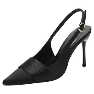 2025年春季新款尖头绸缎缎带后空包头凉鞋细跟高跟性感紫色女单鞋