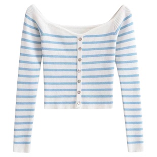 Lovedeath【纯欲陷阱】蓝白条纹针织衫女一字肩修身短款打底上衣