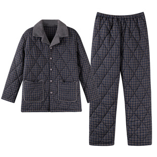乌拉拉公主加厚纯棉家居服男款冬季25年新款格子梭织三层夹棉睡衣