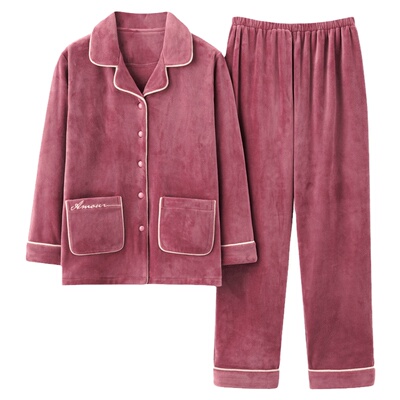 睡衣女海岛绒加厚翻领家居服套装
