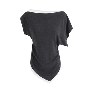 UNSPOKEN撞色斜肩针织衫女夏季2025新款不规则下摆显瘦露肩上衣