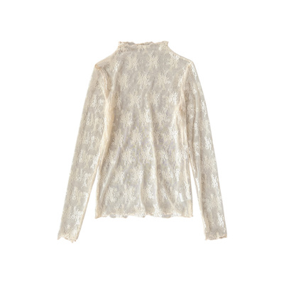秋冬半高领蕾丝打底衫女内搭叠穿高级感洋气小衫长袖薄款网纱上衣