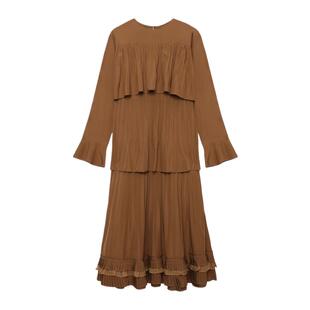 RAY BEAMS女宽松长袖连衣裙2024冬季新款优雅时尚荷叶边叠层长裙