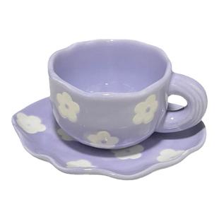 ins手捏陶瓷杯手绘粉色郁金香云朵马克杯创意高颜值咖啡杯碟礼物