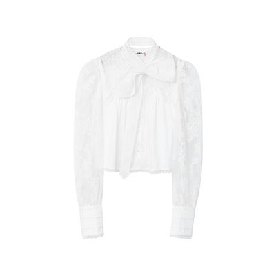 lefame拉飞姆2026春季蝴蝶结领蕾丝拼接法式宫廷风通勤上衣