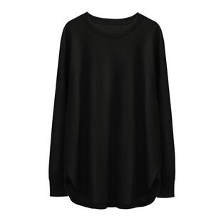 华夫格长袖t恤女中长款卫衣内搭圆弧下摆黑色打底衫宽松早秋上衣