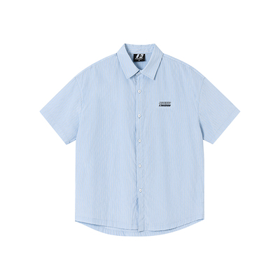 FORNINES刺绣蓝色竖条纹短袖衬衫男女情侣装上衣潮牌夏季通勤半袖