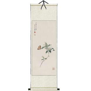 梨花蝴蝶丝绸画卷轴画客厅挂画新中式玄关装饰画国画花鸟画新品