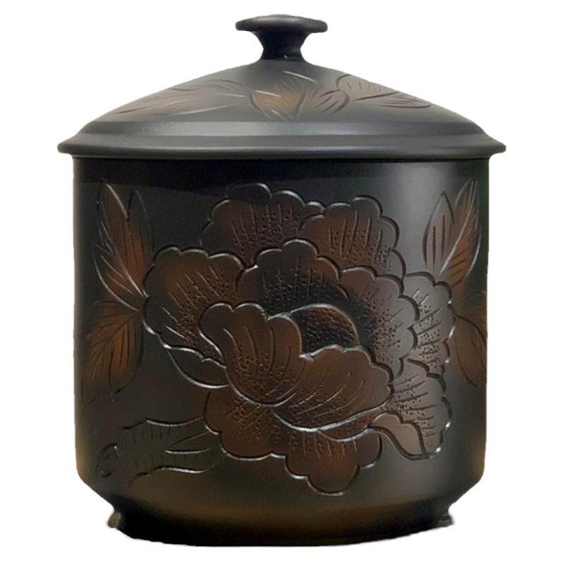 建水紫陶茶叶罐中式复古浮雕牡丹普洱茶罐手工竹制家用小号密封罐