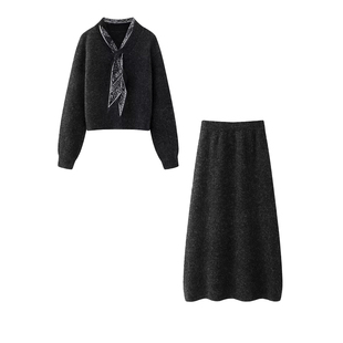 秋冬穿搭一整套女V领丝巾高级感慵懒针织衫半身长裙两件套装2937