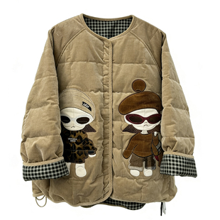 CICICOCO猫头鹰羽绒服女25冬新南油高货卡通灯芯绒白鹅绒加厚外套
