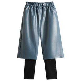 断码清仓防风女童假两件阔腿皮裤加绒加厚冬款儿童一体绒打底裤子