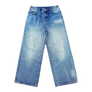 Erole 25ss丹宁釉蓝13.5盎司破坏做旧baggy宽松阔腿牛仔裤冰蓝