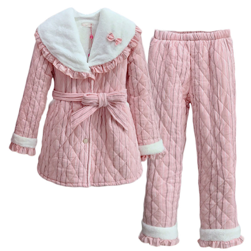 加绒保暖三层夹棉睡衣女冬季加棉加厚珊瑚绒韩版条纹家居服套装