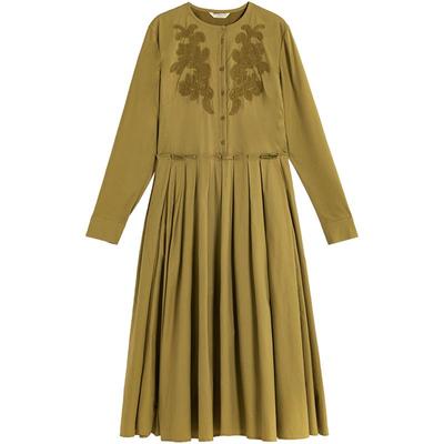 EXCEPTION例外羊毛混纺新中式绣花精致叠褶显瘦连衣裙秋冬穿搭女