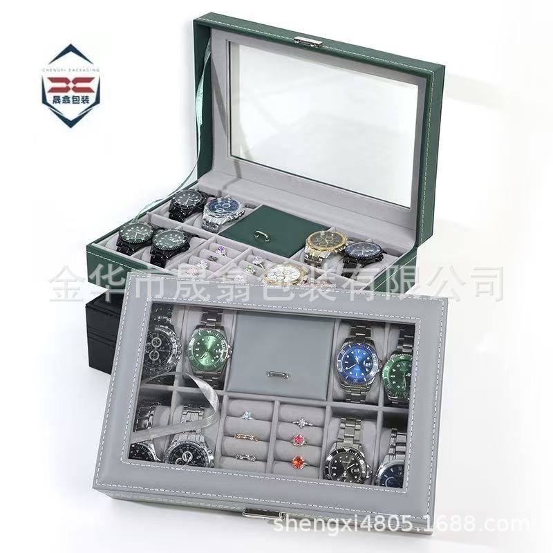 新款PU皮革天窗带锁首饰多功能2展示收纳盒格手表盒格防尘首饰4表