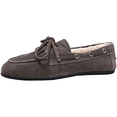 BellaLily2025冬季新款绒面磨砂超软一脚蹬加绒毛毛鞋牛皮乐福鞋