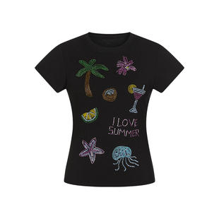 BETWEENAND 夏季短款双色彩色海岛珠绣短袖t恤女新款独特修身上衣