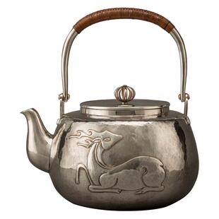 宽山堂 999纯银手工制作鹿回头银壶1200ml烧水壶大容量煮水壶茶具