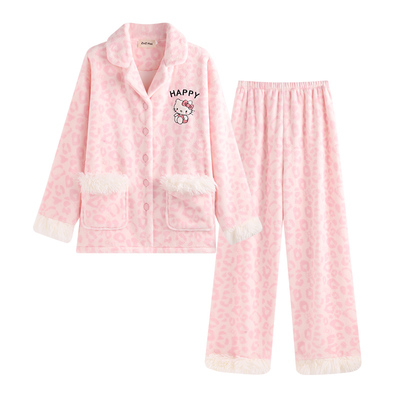 侘町粉色豹纹Kitty2025冬季新款法兰绒保暖睡衣女款开衫翻领套装
