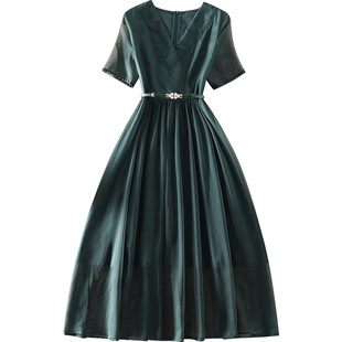 清仓春夏季新款高端气质女装中长款显瘦A字裙短袖大摆网纱连衣裙