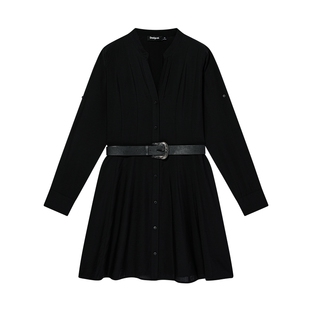 Desigual黑色收腰V领中长款长袖衬衫连衣裙（含腰带）