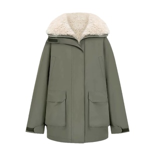 赵露思同款薄荷绿羊羔绒派克服女冬季宽松加厚工装大毛领棉服外套