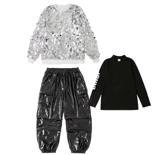街舞儿童潮服男女孩酷帅亮片上衣皮裤嘻哈hiphop架子鼓元旦演出服
