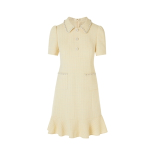 LIME莱茵小香风收腰连衣裙浅黄色2024秋新款花呢钻链装饰轻奢裙子