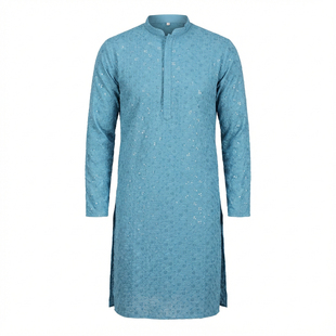 印度男装服饰民族风刺绣立领长袖蓝色中长款棉混纺薄款新品长衫