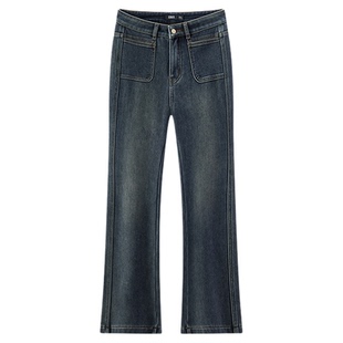 商场同款|森马牛仔裤女冬加绒喇叭裤2025新款复古显高小个子长裤