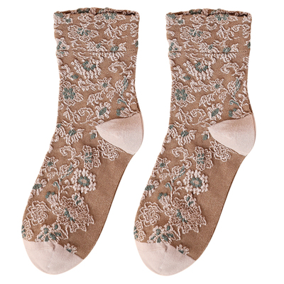 鹿人提花复古典雅高筒棉质女袜