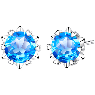 天然托帕石银耳钉999纯银999足银蓝色宝石雪花耳饰耳环女气质百搭