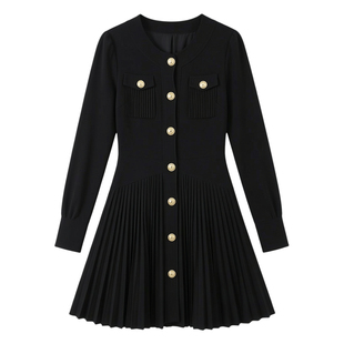 春装女款2026年新款针织连衣裙女小个子粉色小香风收腰显瘦A字裙