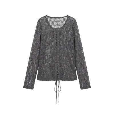 Defined.Z/ZD [茧序] 26春镂空蕾丝套装系带小衫微弹修身长袖上衣