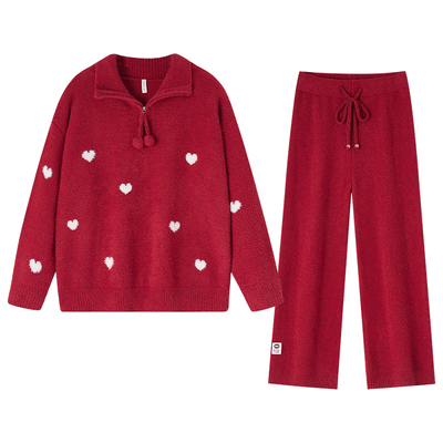 BE红色新年本命年睡衣女冬爱心厚