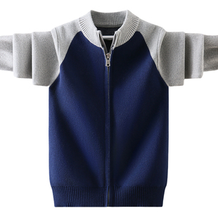 男童毛衣开衫秋冬款加绒加厚儿童纯棉针织衫洋气男孩立领拉链外套