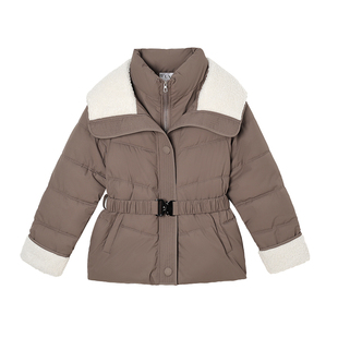 冬新款假两件大码收腰羊羔毛翻领棉袄宽松加厚羽绒棉衣女棉服外套