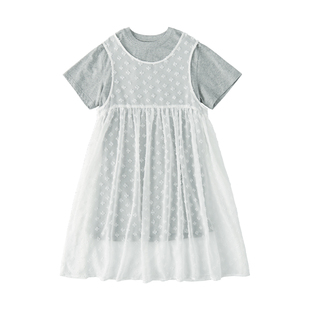 棵初2025年夏季新款女童两件套连衣裙叠穿长款T恤雪纺罩衫套装裙