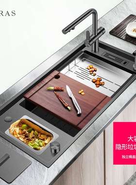 阿萨斯不锈钢黑纳米水槽大单槽手工加厚厨房洗菜盆洗碗槽阶梯水槽