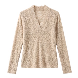 卡其色V领蕾丝打底衫女秋冬皮草内搭高级感气质独特别致长袖上衣