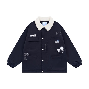 FEAROM秋冬青春流行宽松多口袋夹克加绒复古工装翻领羊羔毛外套潮