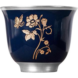 君器功夫茶杯茶具品茗杯陶瓷包银主人杯单杯描金茶盏纯银鎏银杯