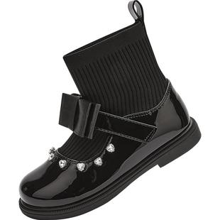 巴拉巴拉童鞋女童公主靴蝴蝶结中筒靴子黑色皮靴秋季袜靴时髦百搭