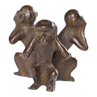 一纪 手工三不铜猴子茶宠 创意仿古摆件茶道茶玩不看不说铁壶盖置