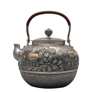 藏六造 错金富春山居银壶纯银999烧水壶日本银壶高端纯银茶壶