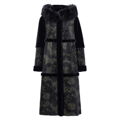 马天奴黑色狐狸毛连帽长款大衣