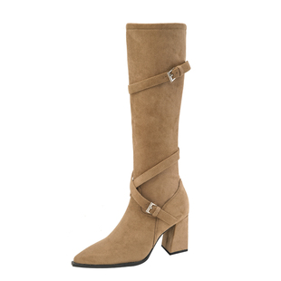 尖头粗跟长筒靴女2026年新款秋冬季皮带扣西部骑士靴高跟高筒长靴