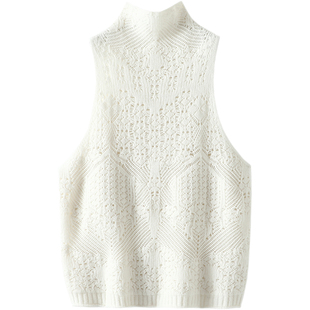 美的霸气~羊绒背心马甲女纯羊绒毛衣立领无袖镂空提花羊绒马甲厚